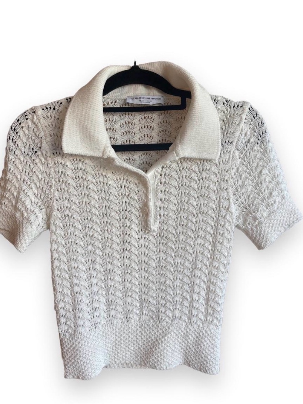 Victoria Beckham Cream Crochet Polo Knit Top